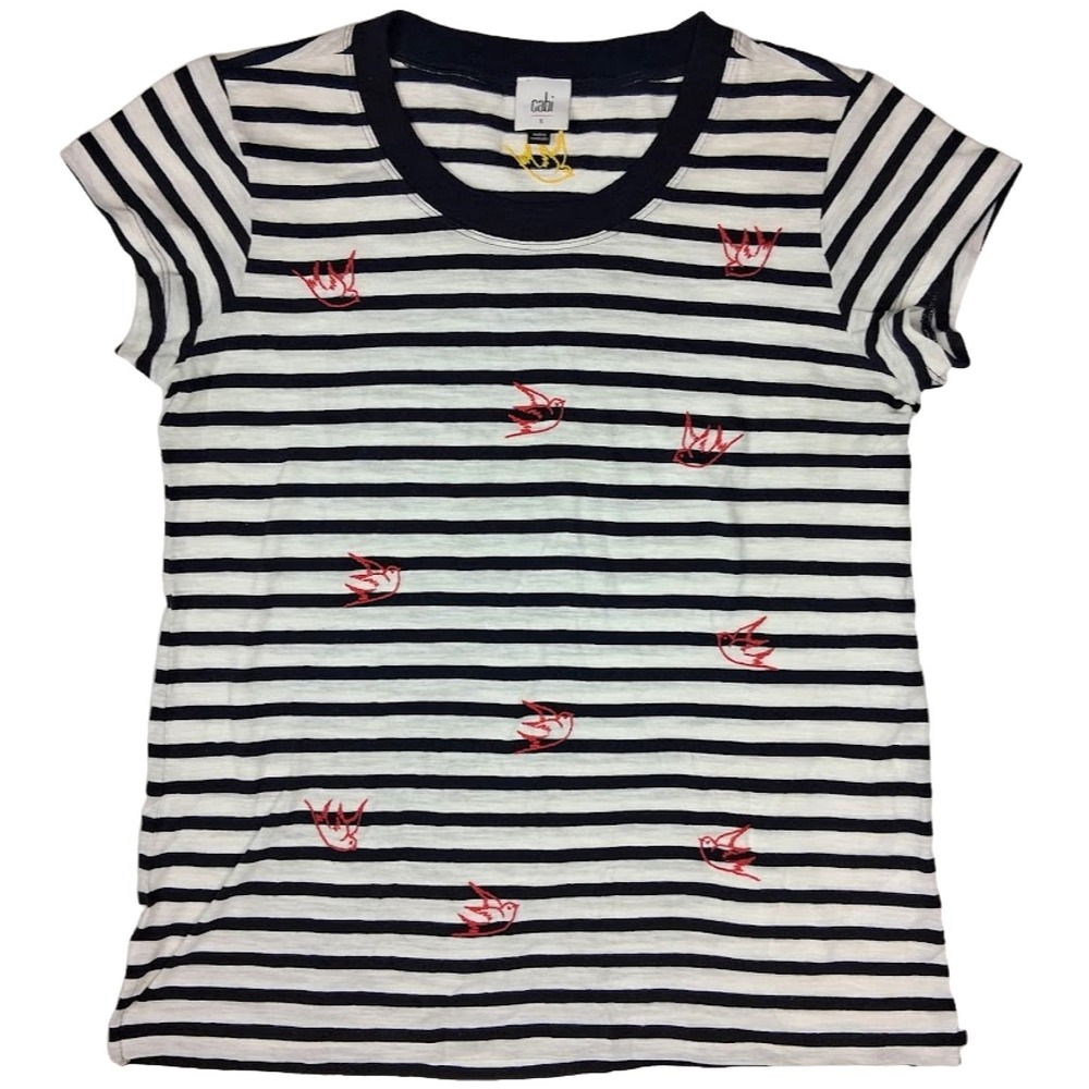 Cabi Striped T Shirt Womens Small Red Birds Embroidered Casual Short Sleeve